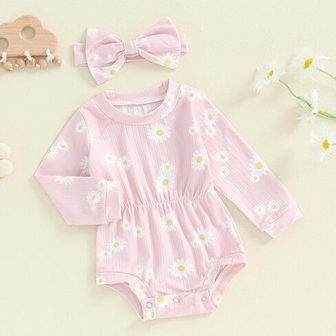 Karwuiio Newborn Baby Girl Fall Outfits Long Sleeve Ribbed Knit Jumpsuit Romper with Headband Infant Clothes Sets in Saudi Arabia