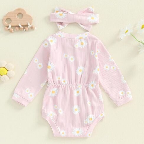 Karwuiio Newborn Baby Girl Fall Outfits Long Sleeve Ribbed Knit Jumpsuit Romper with Headband Infant Clothes Sets in Saudi Arabia
