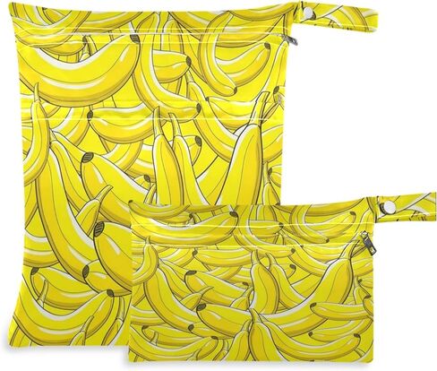 visesunny Yellow Banana 2Pcs Wet Bag with Zippered Pockets Washable Reusable Roomy for Travel,Beach,Pool,Daycare,Stroller,Diapers,Dirty Gym Clothes, Wet Swimsuits, Toiletries in Saudi Arabia