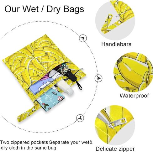 visesunny Yellow Banana 2Pcs Wet Bag with Zippered Pockets Washable Reusable Roomy for Travel,Beach,Pool,Daycare,Stroller,Diapers,Dirty Gym Clothes, Wet Swimsuits, Toiletries in Saudi Arabia