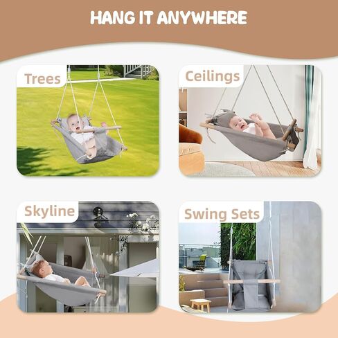 XJD Baby Swing Outdoor and Indoor, Canvas Hammock Swing for Baby, Baby Swing with a Comfortable Seat, Adjustable 5-Point Safety Belt, 3 Modes,present for Baby Boys Girls, Light Grey (Light Gray) in Kuwait