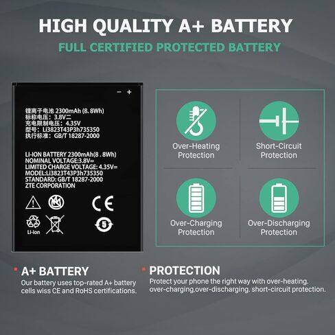 Li3928T44P4h735350 Battery, 2300mAh Replacement Battery for ZTE Q802T Avid Trio Z833 ZFIVE2 Z836BL Z837VL in Saudi Arabia