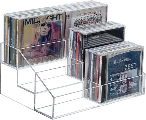 MyGift 3 Tier Modern Premium Clear Acrylic Cascading CD Storage Rack, Tabletop Compact Disc Case Holder, Media Organizer Display Stand Holds Up to 36 Jewel Cases in Saudi Arabia