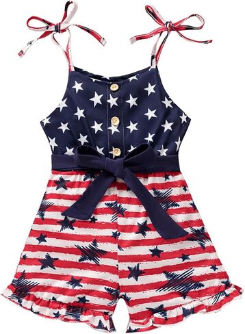 Toddler Baby Girls 4th of July Clothes Straps Stars Striped Romper Jumpsuit American Flag Outfit in Saudi Arabia