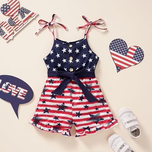 Toddler Baby Girls 4th of July Clothes Straps Stars Striped Romper Jumpsuit American Flag Outfit in Saudi Arabia