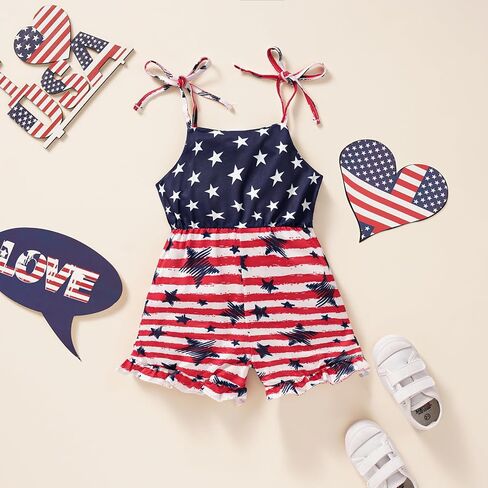 Toddler Baby Girls 4th of July Clothes Straps Stars Striped Romper Jumpsuit American Flag Outfit in Saudi Arabia