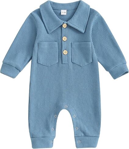 Lesimsam Newborn Baby Boy Waffle Knit Collared Romper Jumpsuit Solid Button Long Sleeve Bodysuit One-Piece Fall Winter Outfit in Kuwait