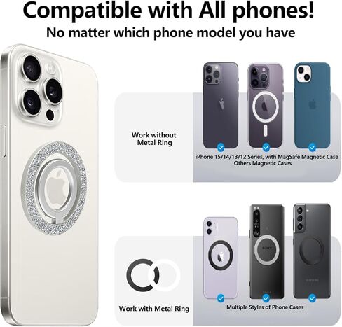 حامل حلقة هاتف مغناطيسي لمقبس MagSafe pop، 【دوران 360 درجة 】 ملحقات Mag-Safe لحلقة الهاتف مع سلسلة iPhone 15/14/13/12/Samsung/Google، مقبس Pop لهاتف iPhone (فضي لامع) in Kuwait