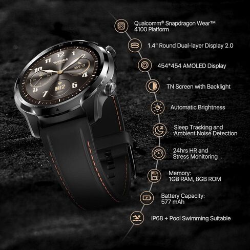 Ticwatch Pro 3 GPS Smart Watch Men's Wear OS Qualcomm Snapdragon 4100 Platform Health Fitness Monitor 3-45 Days Battery Life NFC Heart Rate Sleep Tracking IP68 Waterproof in Kuwait