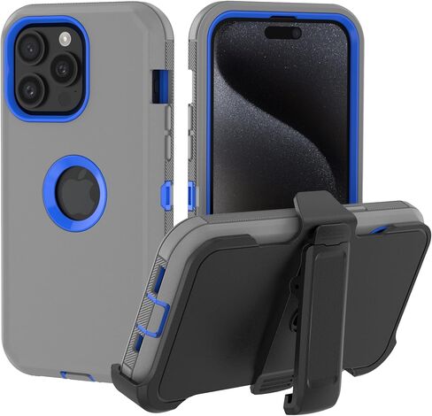 for iPhone 15 Pro Max Phone Case: Heavy Duty Shockproof Armor Protector Case Cover with Belt Clip Holster for Apple iPhone 15 Pro Max 6.7 Phone Case (Gray+Blue) in Saudi Arabia