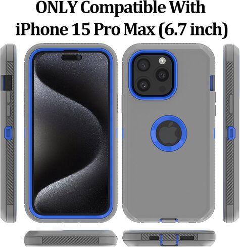 for iPhone 15 Pro Max Phone Case: Heavy Duty Shockproof Armor Protector Case Cover with Belt Clip Holster for Apple iPhone 15 Pro Max 6.7 Phone Case (Gray+Blue) in Saudi Arabia