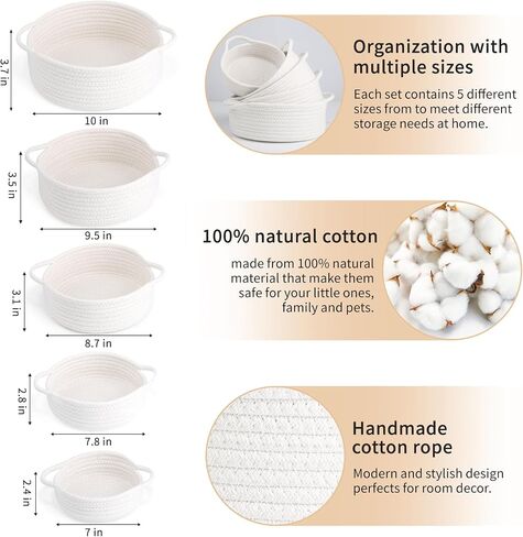 Set of 5 Rope Basket, Round Small Woven Baskets for Storage, Gift Basket Empty, Small Cotton Rope Baskets for Organizing, Home Decor Coiled Baskets, Montessori Shelf Toy Storage (Off White) in Saudi Arabia