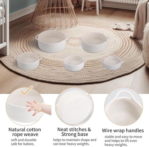 Set of 5 Rope Basket, Round Small Woven Baskets for Storage, Gift Basket Empty, Small Cotton Rope Baskets for Organizing, Home Decor Coiled Baskets, Montessori Shelf Toy Storage (Off White) in Saudi Arabia