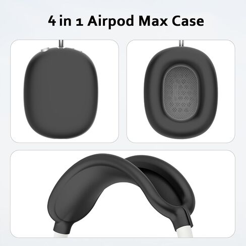 غطاء حافظة من السيليكون لسماعات AirPods Max، أغطية أكواب الأذن Airpods Max / غطاء وسادة الأذن / غطاء عصابة الرأس / وسادة عصابة الرأس Max، ملحقات 4 في 1 لـ Apple AirPods Max (أسود) in Kuwait