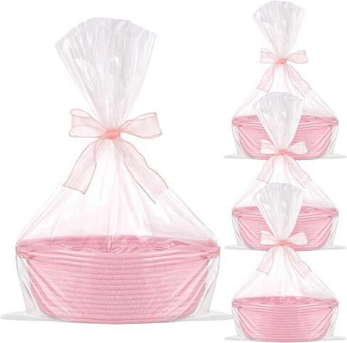 4 Pcs Small Woven Basket with Gift Bags and Ribbons Cute Baby Gift Basket Empty Small Rope Basket for Storage 12"X 8" X 5" Baby Toy Basket with Handles Cotton Rope Basket for Decor, Pink in Saudi Arabia
