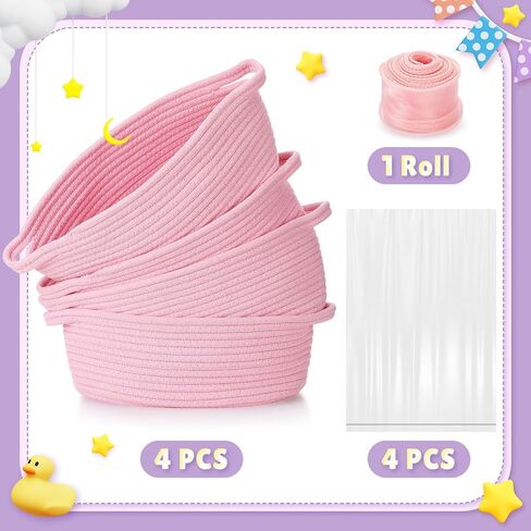 4 Pcs Small Woven Basket with Gift Bags and Ribbons Cute Baby Gift Basket Empty Small Rope Basket for Storage 12"X 8" X 5" Baby Toy Basket with Handles Cotton Rope Basket for Decor, Pink in Saudi Arabia