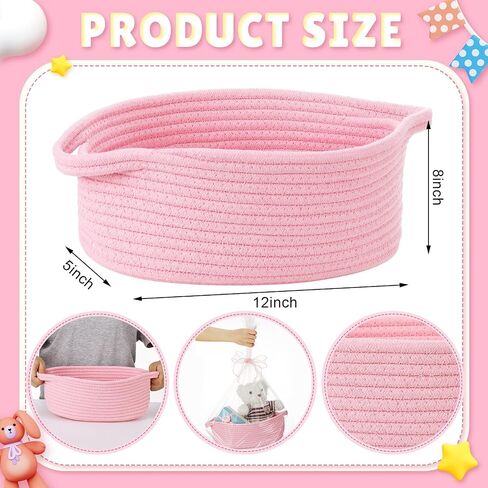 4 Pcs Small Woven Basket with Gift Bags and Ribbons Cute Baby Gift Basket Empty Small Rope Basket for Storage 12"X 8" X 5" Baby Toy Basket with Handles Cotton Rope Basket for Decor, Pink in Saudi Arabia