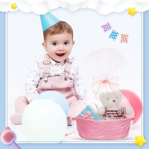 4 Pcs Small Woven Basket with Gift Bags and Ribbons Cute Baby Gift Basket Empty Small Rope Basket for Storage 12"X 8" X 5" Baby Toy Basket with Handles Cotton Rope Basket for Decor, Pink in Saudi Arabia
