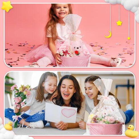 4 Pcs Small Woven Basket with Gift Bags and Ribbons Cute Baby Gift Basket Empty Small Rope Basket for Storage 12"X 8" X 5" Baby Toy Basket with Handles Cotton Rope Basket for Decor, Pink in Saudi Arabia