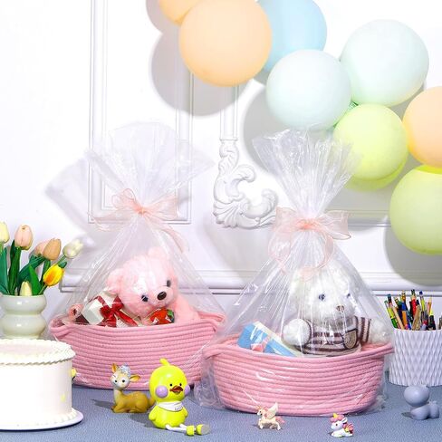 4 Pcs Small Woven Basket with Gift Bags and Ribbons Cute Baby Gift Basket Empty Small Rope Basket for Storage 12"X 8" X 5" Baby Toy Basket with Handles Cotton Rope Basket for Decor, Pink in Saudi Arabia