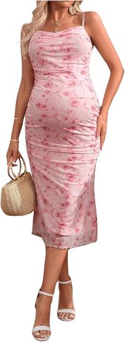 Floerns Women's Maternity Floral Print Sleeveless Draped Neck Bodycon Midi Cami Dresses in Saudi Arabia
