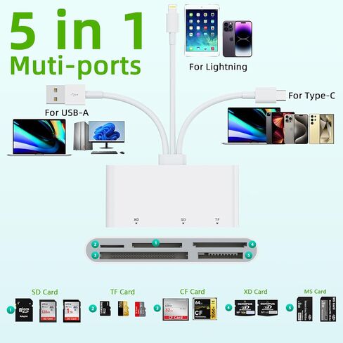 SD/TF/CF/MS/XD Card Reader for iPhone/USB C/Computer, 5 in 1 Multi Memory Card Reader OTG Adapter Hub for Micro SD/SD,XD Picture Card Reader with Lightning/USB-C/USB A Memory Stick pro Duo Adapter in Saudi Arabia