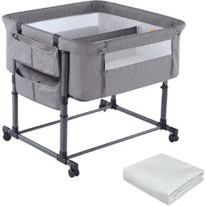 Twin Bassinet for 2 Babies,Adjustable Height Double Crib with Storage Bag and Replaceable Mattress Cover, Portable Twin Bedside Crib Attaches to Bed with Strap for 0-6 Months Twins Baby Grey