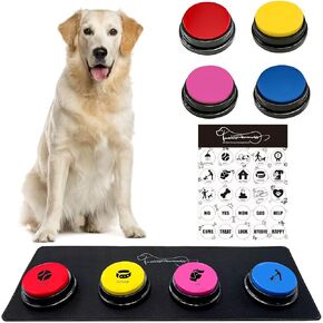 4 Recordable Buttons with Rubber Mat and 25 Stickers - Record and Playback Any Custom Message to Teach Your Dog Voice What They Want