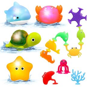 Baby Bath Toys Mold Free - Light Up Bath Toys - Sensory Toys for Toddlers - Gifts for Boy Girl Kids 6 12 18 Months Age 1 2 3 Year Old Birthday - Baby Suction Pool Toys - Beach Bathtub Water Toys