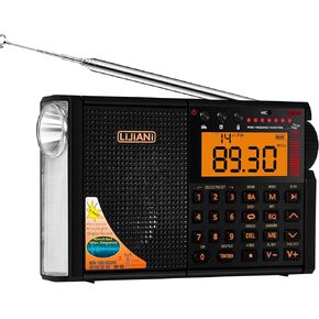 راديو الموجات القصيرة AIR/VHF/AM/FM/الطقس 6 نطاقات مع بطاقة بلوتوث/TF، مصباح يدوي 2 وات، مصباح للقراءة، إضاءة خلفية للوحة المفاتيح، تسجيل رقمي، ساعة منبه، مدعوم ببطارية AA وLI، مقبس من النوع C/ANT in Kuwait