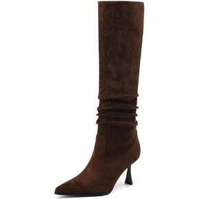Knee High Boots Women Kitten High Heel Faux Leather Pointed Toe Slouchy Long Boots Fashion Dress Pull on Tall Boots