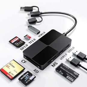 Memory Stick pro Duo Adapter XD Card Reader with Extra 3 USB 3.0 Ports - 8 in 1 MS/TF/XD/CF/SD Card Reader for iPhone 15/PC/Lightning Device, Read 5 Cards Simultaneously 5Gbps Digital Camera Adapter