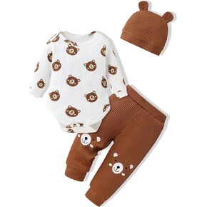 Crazyme Newborn Baby Boy Clothes Letter Print Ribbed Knitted Long Sleeve Romper Solid Long Pants Hat Baby Boy Outfits 3PCS