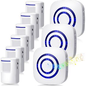 Motion Sensor Alarm Wireless Driveway Alarm Indoor Home Motion Detector Long Range Security Alert Monitor System with 6 Sensor and 3 Receiver, 38 Chime Tunes and LED Indicators