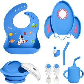 7 Pieces Silicone Baby Feeding Set, Food-Grade Astronaut Theme, Suction Plate and Bowl for Baby, Spoon, Fork, Bib, Cup, Straws, Baby Feeding Essentials for 6+ Months (Blue)