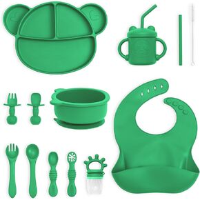 Complete Silicone Baby Led Weaning Supplies Set - Animal-Themed 15-Piece Toddler & Baby Feeding Essentials with Bib, Suction Plate & Bowl, Forks, Spoons, Sippy Cup, Straws & More (Baby Blue)