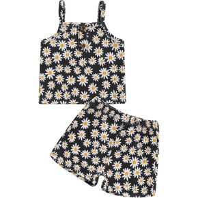 Toddler Baby Girl Clothes Summer Outfit Sleeveless Daisy Print Knit Ribbed Strap Tank Top Shorts Set