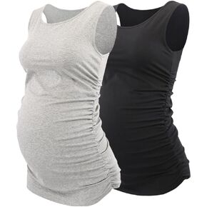 Maternity Top Pregnancy, Women's Maternity Cami Shirt Cotton Round Neck Ruched Waist Tank