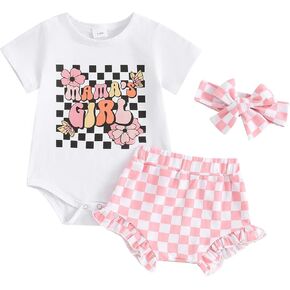 Newborn Baby Girl Summer Outfit Mama's Girl Short Sleeve Romper Checkerboard Shorts Headhand 3piece Clothes Set