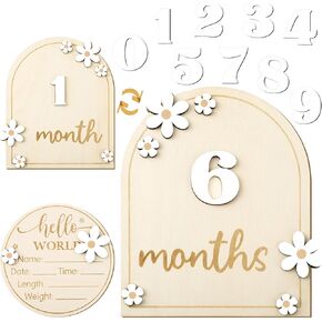 Baby Monthly Milestone Cards with Hello World Newborn Sign, Daisy Baby Milestone Signs Baby Monthly Milestone Wood Discs Baby Announcement Sign for Baby Growth Photo Props