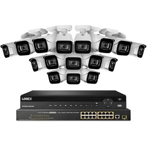 Lorex NC4K8-3216WB 32 Channel 4K Surveillance System with N882A38B 8TB 4K Fusion NVR, 16 Port ACCLPS263B POE Switch and 16 E841CA-E 8MP White Bullet Cameras