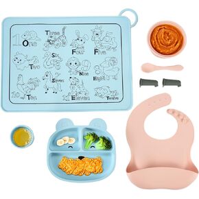 CHILDLIKE BEHAVIOR Silicone Baby Feeding Set - Baby Plates And Bowls Set - Toddler Self Feeding Eating Utensils - Baby Led Weaning Supplies - Tableware Set for Toddler - Baby Feeding Essentials