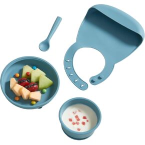 Silicone Baby Feeding Set, Self Feeding Baby Utensils with Suction Baby Bowl Plate Blue