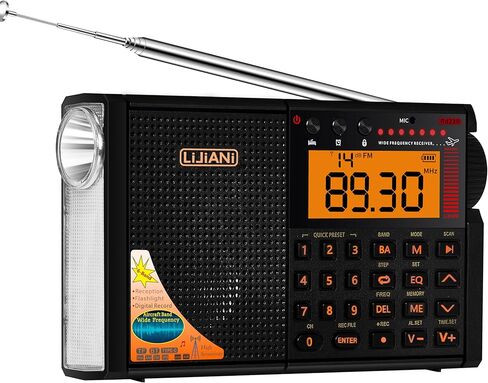 راديو الموجات القصيرة AIR/VHF/AM/FM/الطقس 6 نطاقات مع بطاقة بلوتوث/TF، مصباح يدوي 2 وات، مصباح للقراءة، إضاءة خلفية للوحة المفاتيح، تسجيل رقمي، ساعة منبه، مدعوم ببطارية AA وLI، مقبس من النوع C/ANT in Kuwait