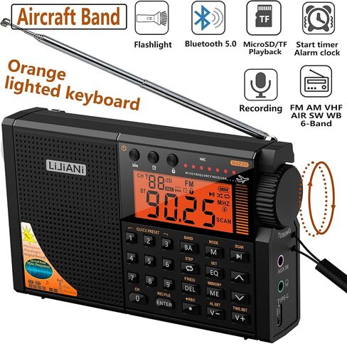 راديو الموجات القصيرة AIR/VHF/AM/FM/الطقس 6 نطاقات مع بطاقة بلوتوث/TF، مصباح يدوي 2 وات، مصباح للقراءة، إضاءة خلفية للوحة المفاتيح، تسجيل رقمي، ساعة منبه، مدعوم ببطارية AA وLI، مقبس من النوع C/ANT in Kuwait