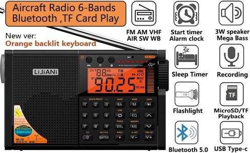 راديو الموجات القصيرة AIR/VHF/AM/FM/الطقس 6 نطاقات مع بطاقة بلوتوث/TF، مصباح يدوي 2 وات، مصباح للقراءة، إضاءة خلفية للوحة المفاتيح، تسجيل رقمي، ساعة منبه، مدعوم ببطارية AA وLI، مقبس من النوع C/ANT in Kuwait
