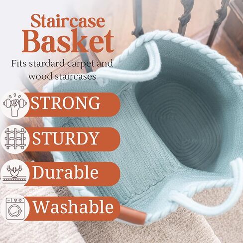 Stair Basket for Carpeted & Wooden Stairs - Cotton Rope Basket Staircase Handles - Storage Stair Steps For Laundry, Toys, Nursery Caddy - Fog Grey 15.75" L x 7.87" W x 15.75 "H in Saudi Arabia