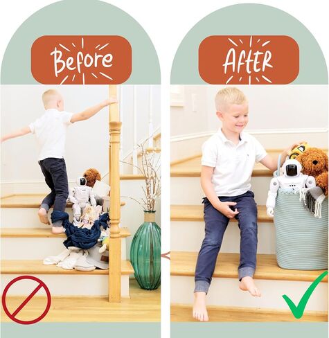 Stair Basket for Carpeted & Wooden Stairs - Cotton Rope Basket Staircase Handles - Storage Stair Steps For Laundry, Toys, Nursery Caddy - Fog Grey 15.75" L x 7.87" W x 15.75 "H in Saudi Arabia
