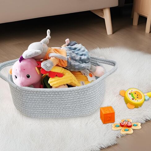 Storage Basket-13" x 8" x 5" Cute Small Woven Cotton Rope Basket for Dog Cat Toy Nursery Diaper Organizer Baby Gift Empty Decorative Boho Wicker Soft Box Bin Easter Basket w/Handles (Grey, 1pc) in Saudi Arabia