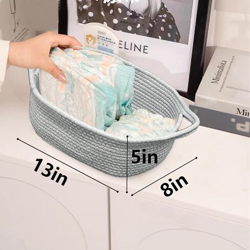 Storage Basket-13" x 8" x 5" Cute Small Woven Cotton Rope Basket for Dog Cat Toy Nursery Diaper Organizer Baby Gift Empty Decorative Boho Wicker Soft Box Bin Easter Basket w/Handles (Grey, 1pc) in Saudi Arabia